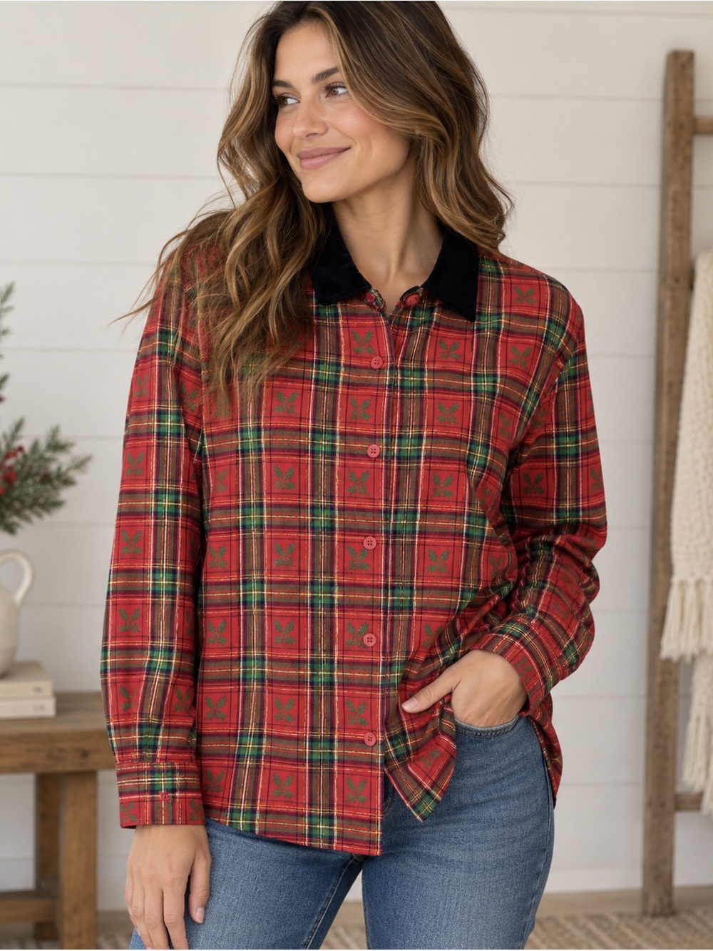 Vintage Basic Editions Women’s L Christmas Plaid Tartan Holly Holiday Shirt